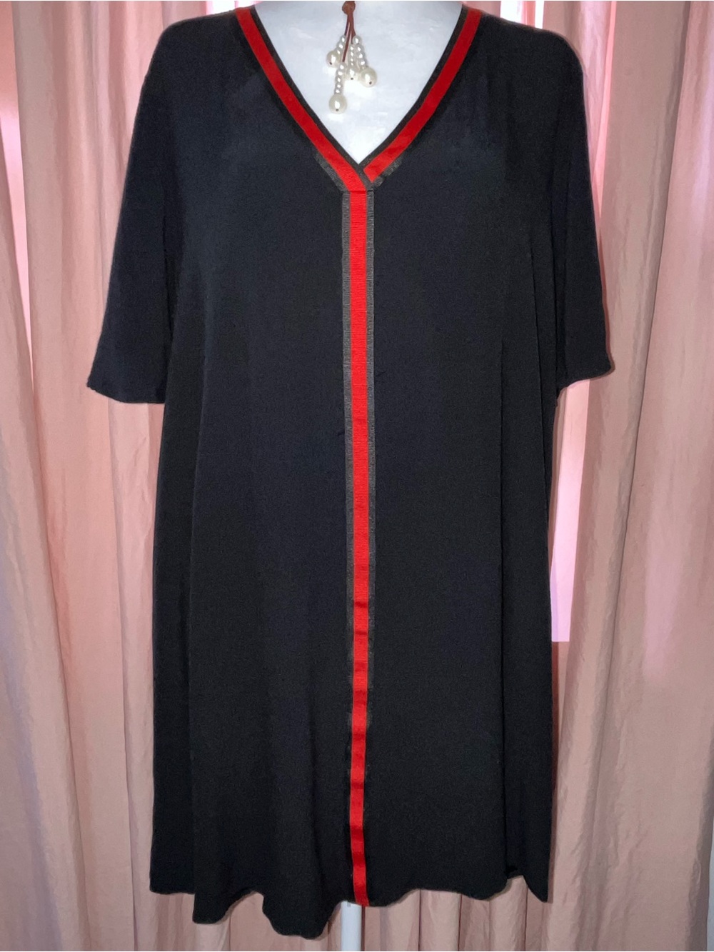 Zara Black V-Neck Dress with Red Stripe Detail